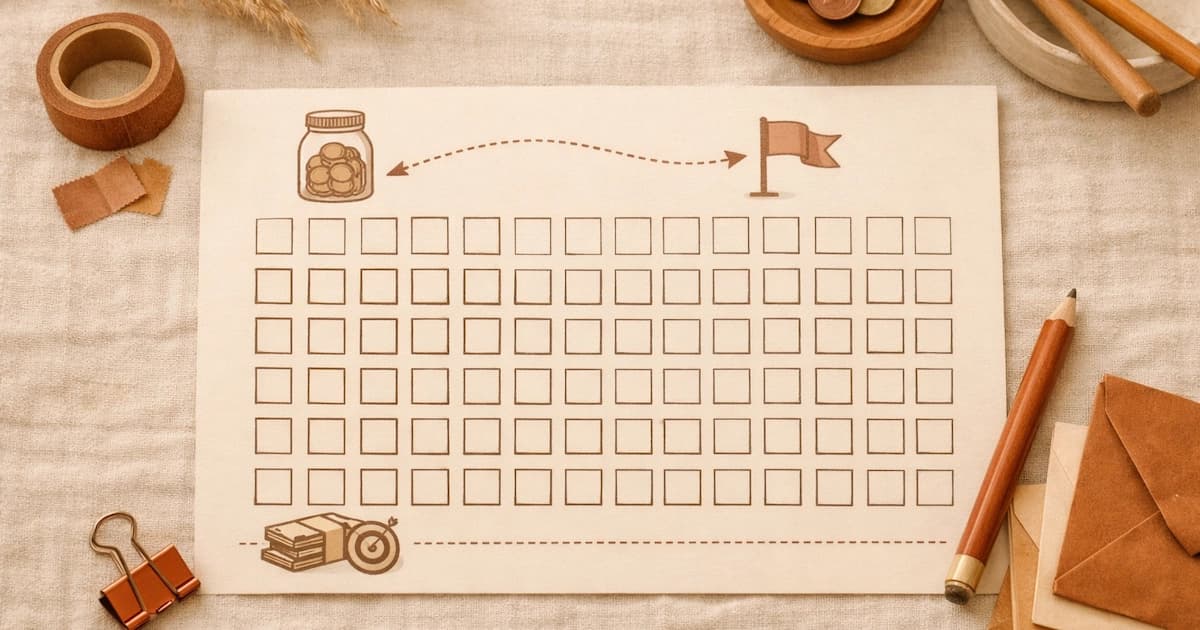 A printable 52-week money saving challenge tracker with squares to mark each week