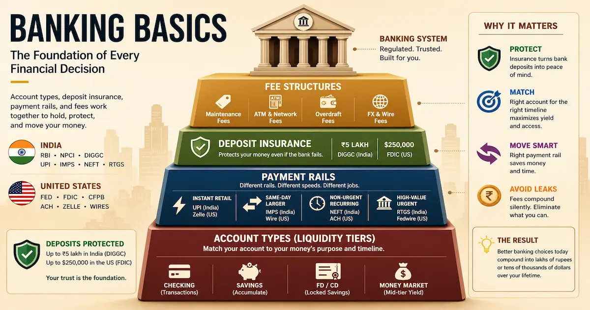 A layered diagram showing the foundation of personal banking — account types at the base, deposit insurance protecting them, payment rails connecting them, and fee structures overlaying everything, illustrating how banking basics underlie every other personal finance decision