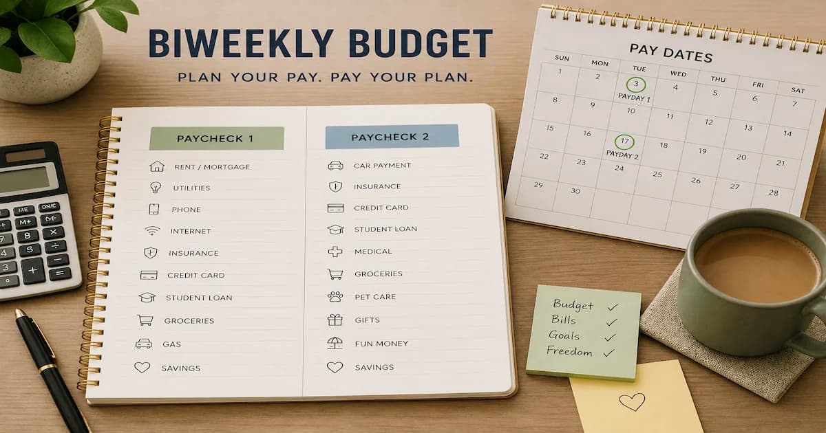 A two-column biweekly budget on a desk, with bills sorted under Paycheck 1 and Paycheck 2 and a calendar of pay dates