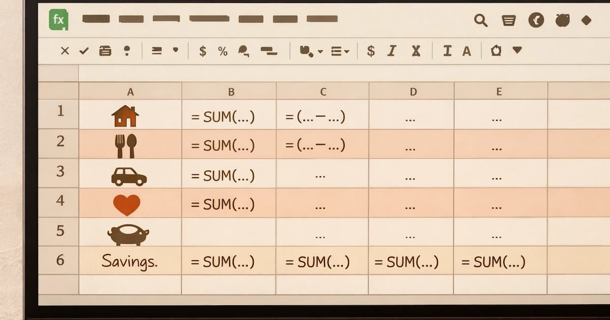 A Google Sheets budget spreadsheet with categories and formulas visible