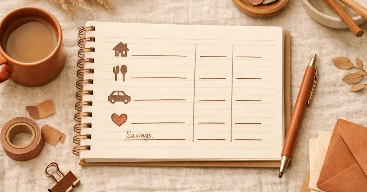 A beginner's notebook page showing a simple monthly budget with categories