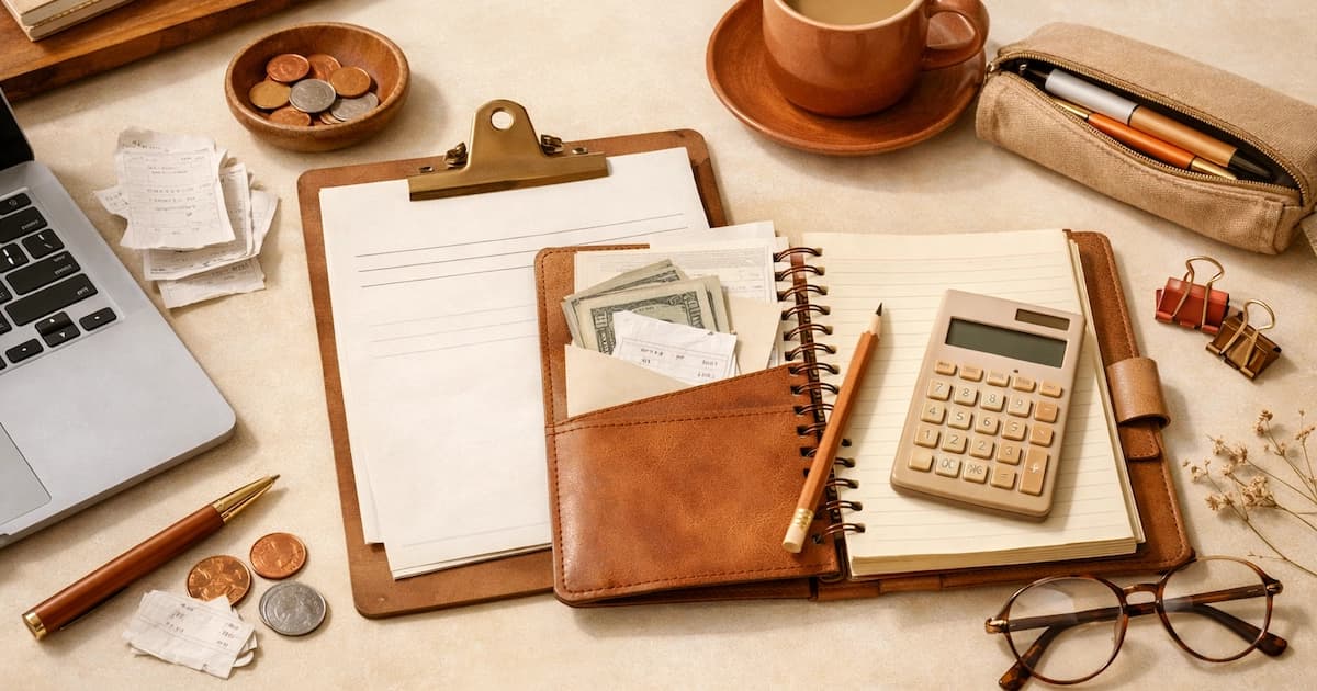 A freelancer's desk with a laptop, invoice, and budgeting notebook