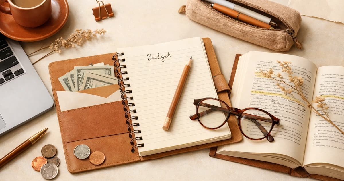 A student's desk with a laptop, textbook, and budgeting notebook