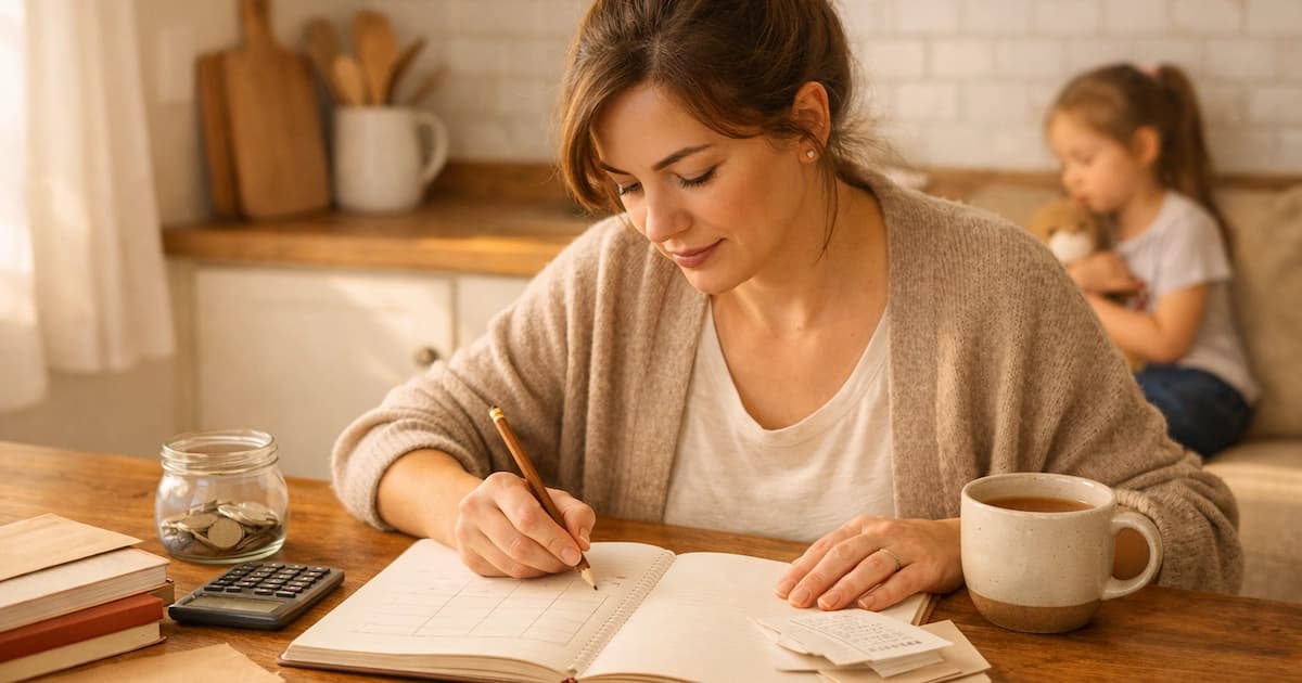 A single mother working at a kitchen table with budgeting notes