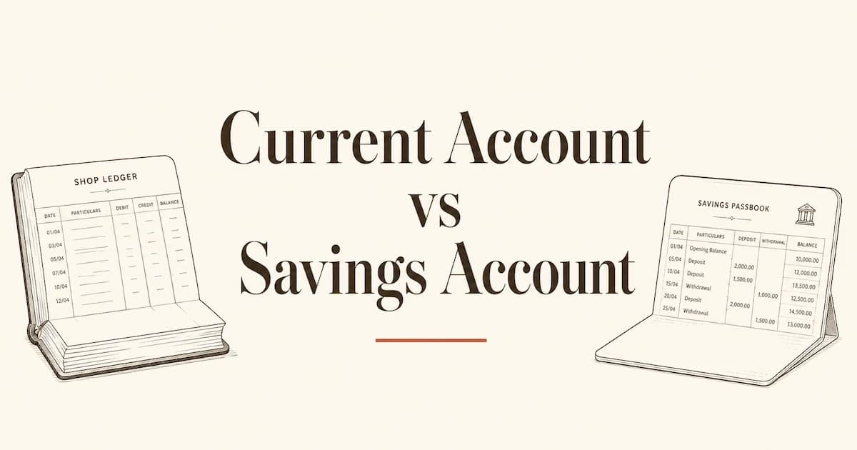 A shop counter ledger and a personal passbook side by side, illustrating the business current account versus the personal savings account in India