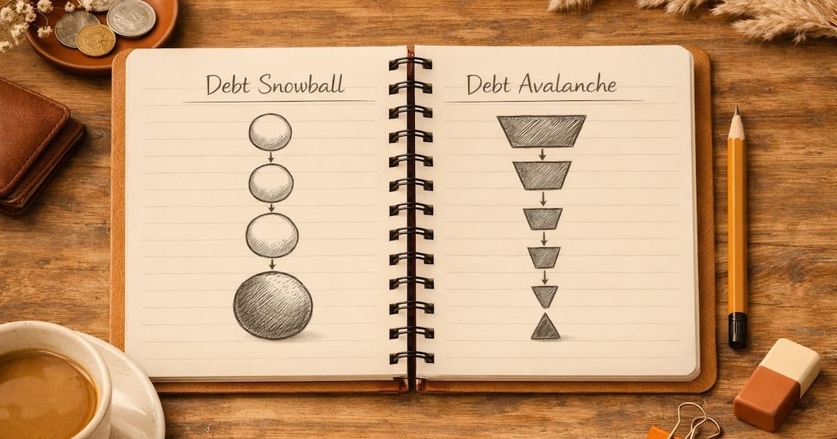 A side-by-side comparison of the debt snowball and debt avalanche methods on a notebook page