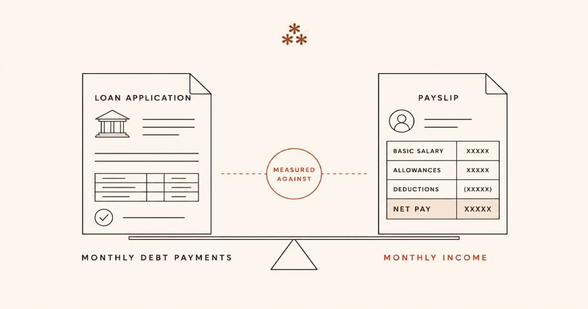 A balance scale with a loan application on one side and a payslip on the other, showing monthly debt payments measured against monthly income, with the net pay line highlighted