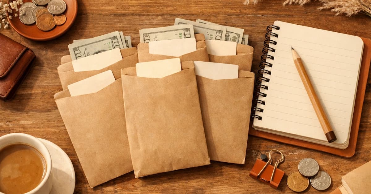Cash envelopes labelled with spending categories on a wooden table