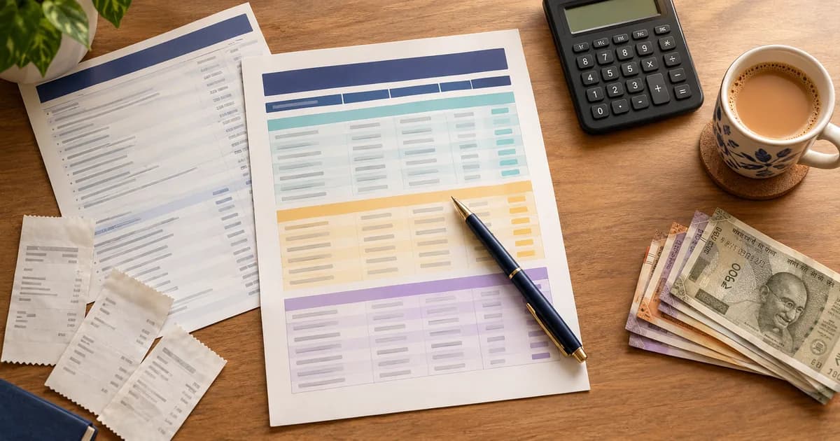 A desk with a colour-coded expense sheet, a bank statement, receipts and rupee notes, illustrating how a monthly expense sheet template records spending by category