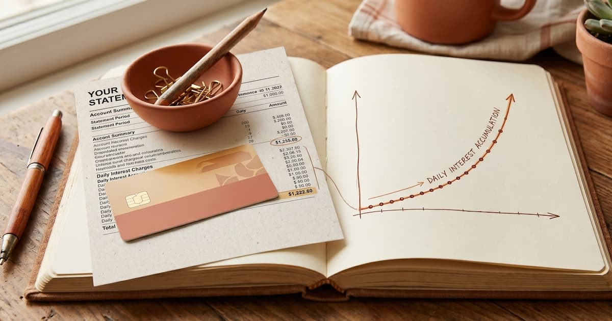 Credit card statement with daily interest accumulation chart, illustrating how credit card interest works