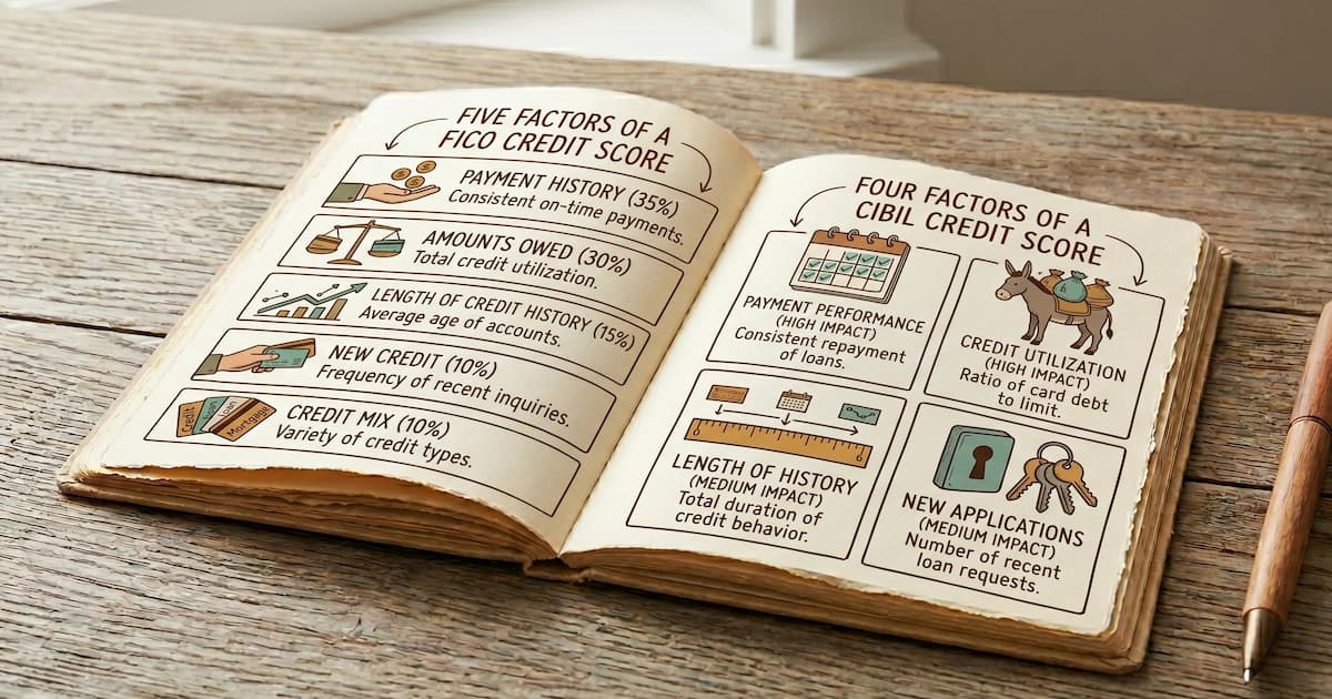 A breakdown chart showing the five factors that calculate a FICO credit score and the four CIBIL factors side by side