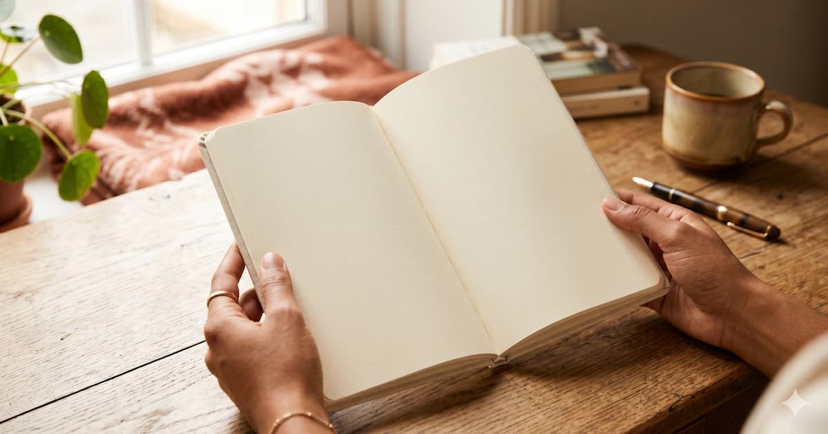 Hands holding an open blank notebook on a wooden desk, ready to start a first monthly budget