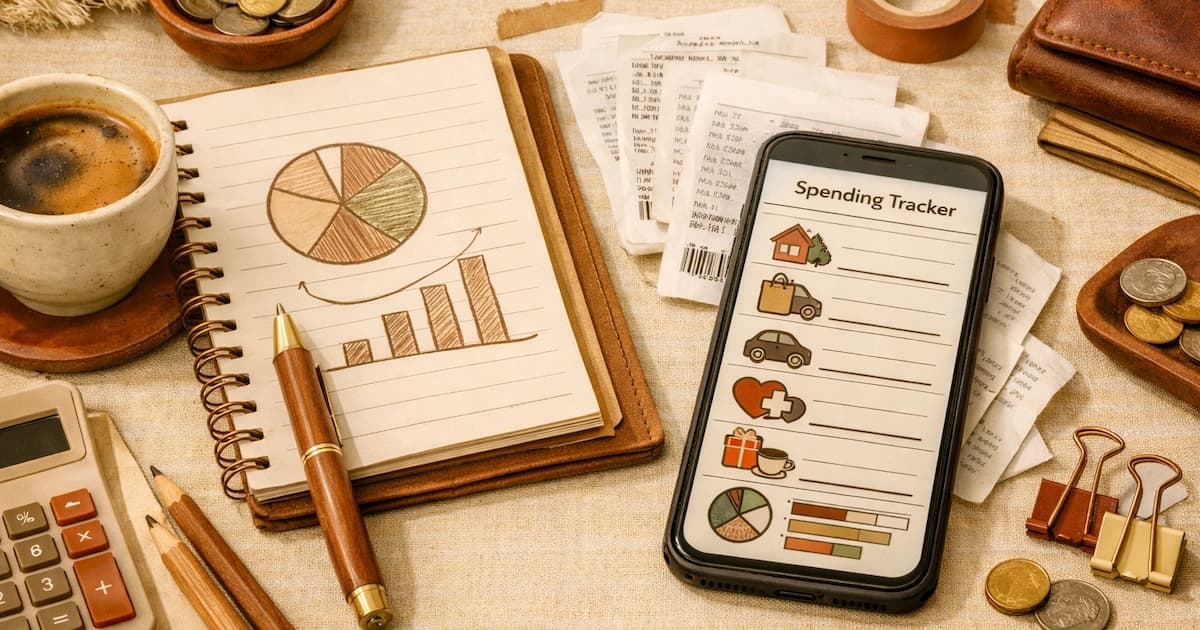 A phone showing a spending tracking app next to a notebook and receipts