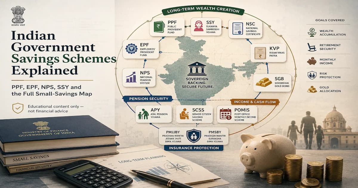 A map of India's ten major government savings schemes — PPF, EPF, NPS, SSY, APY, SCSS, POMIS, NSC, KVP, SGB and the PMJJBY/PMSBY insurance pair — grouped by purpose from long-term accumulation to pension, insurance and gold