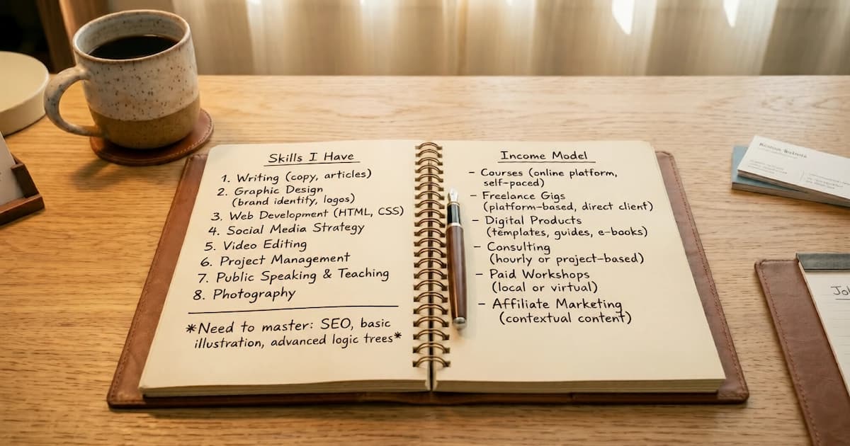 Notebook page with skill inventory list and income model framework, illustrating skill monetization planning