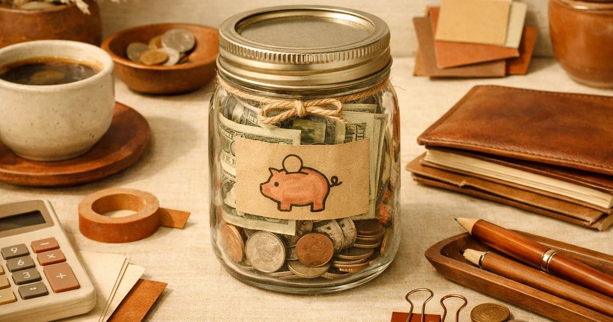 A jar filled with cash, marked as savings, on a tidy desk