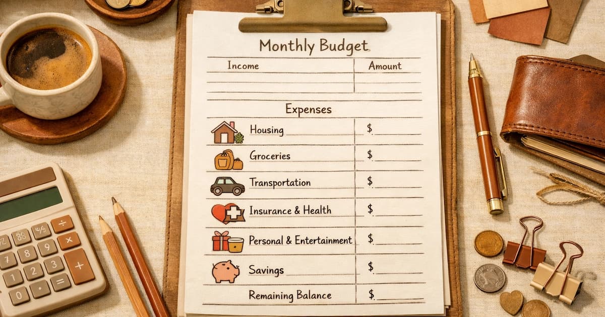 A printed monthly budget template with categories and assigned amounts