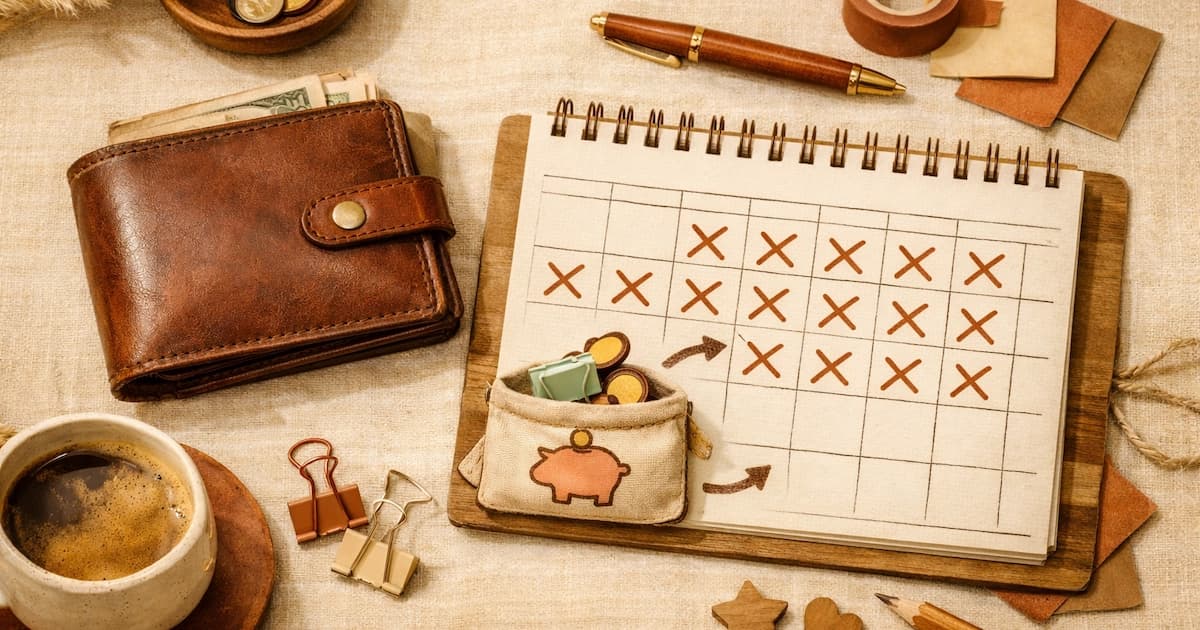 A wallet sitting closed on a table with a calendar marking days completed of a no-spend challenge