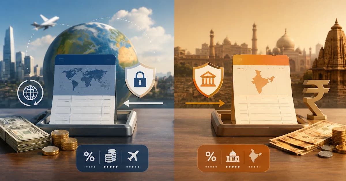 Two bank accounts side by side, one holding income earned abroad and one holding income earned in India, with the tax and repatriation rules that separate them