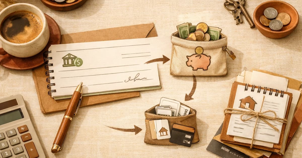 An illustration of a paycheck with a savings transfer happening before bills are paid