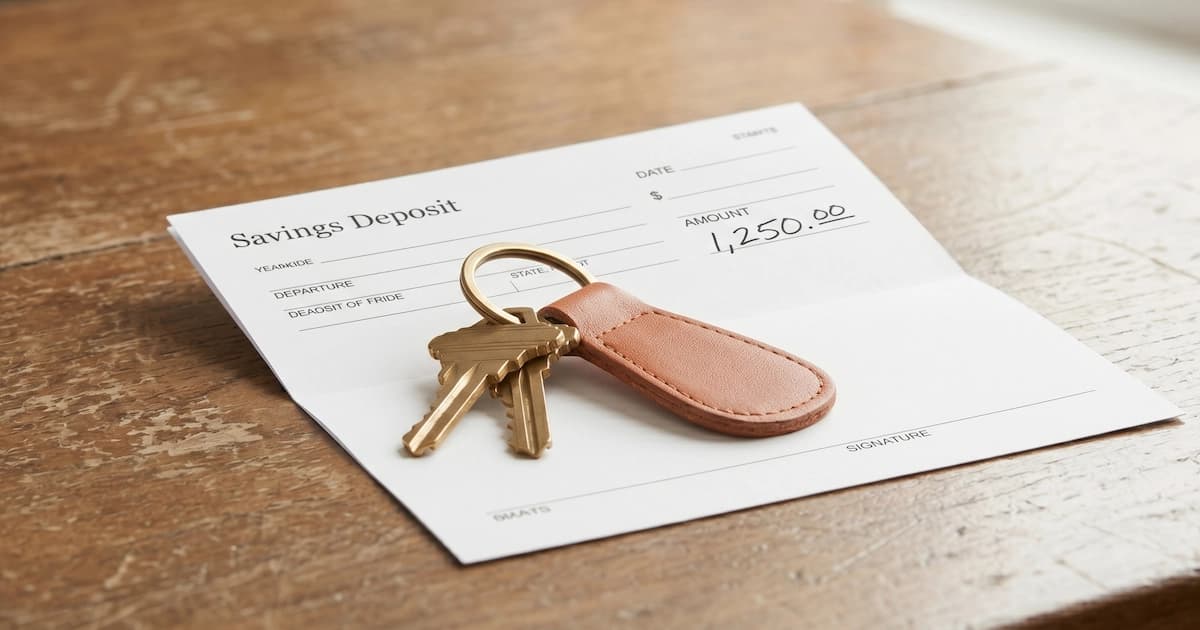 House keys resting on a savings deposit slip with a small notebook