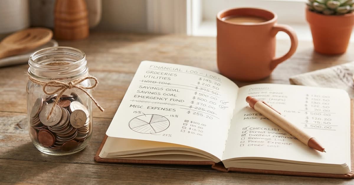 A small jar of coins next to a household budget notebook on a kitchen table
