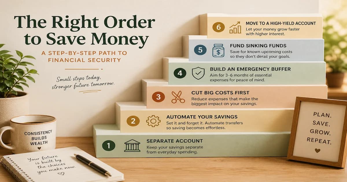 A stepped diagram showing the order of saving money: separate account, automate, cut big costs, emergency buffer, sinking funds, high-yield account
