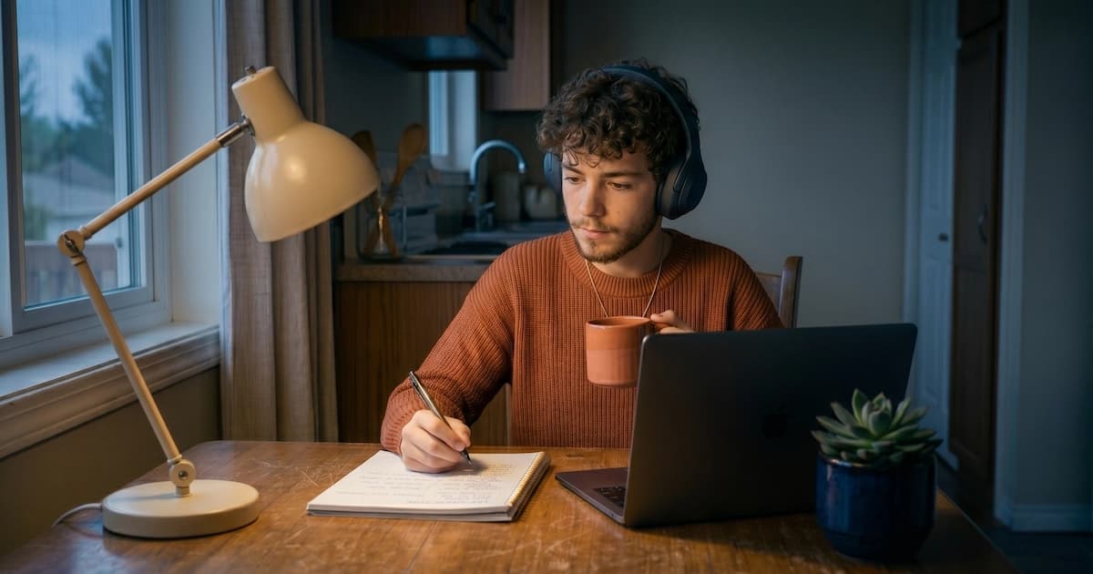 Person working alone at a quiet desk with headphones and laptop, illustrating introvert-friendly side hustle work