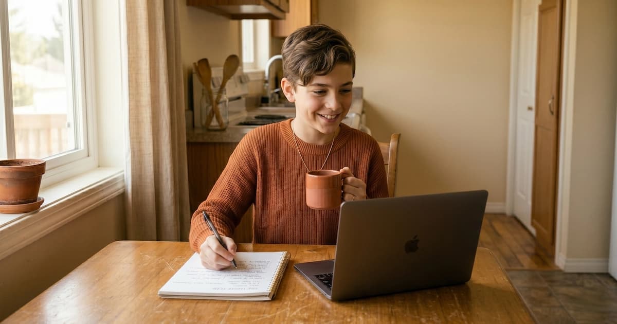 Person working on laptop at kitchen table, illustrating a zero-capital side hustle start