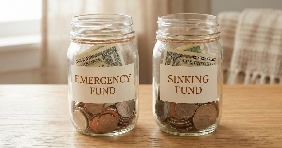 Two savings jars side by side, one labelled emergency fund and one labelled sinking fund