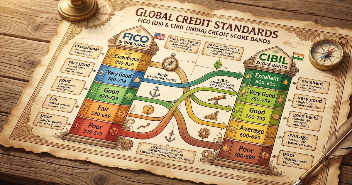 A chart showing the five FICO credit score bands from poor to exceptional alongside the CIBIL score bands