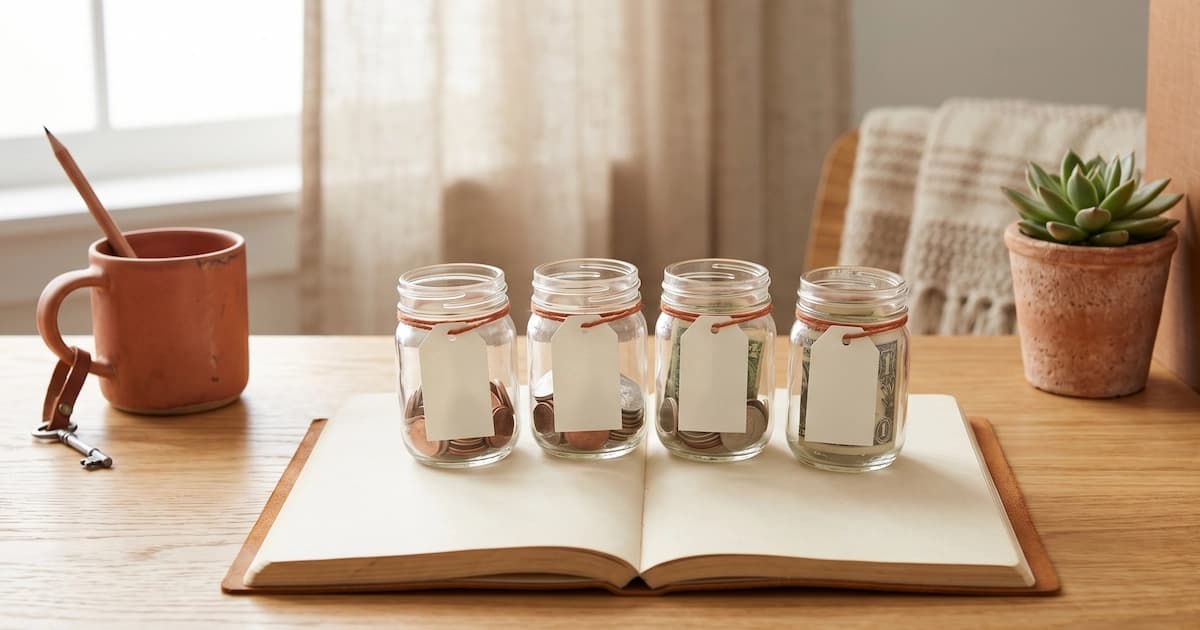 Several small jars labelled with different sinking fund categories like vacation, holiday, and car maintenance