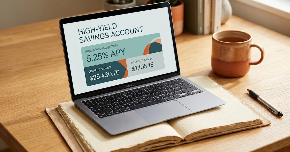 A laptop screen showing a high-yield savings account interface with interest rate visible