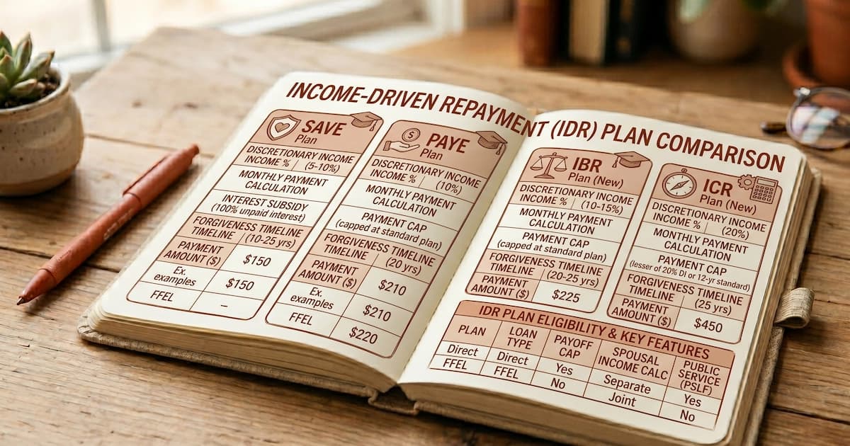 Income-driven repayment plan comparison chart showing SAVE, PAYE, IBR, and ICR monthly payment calculations
