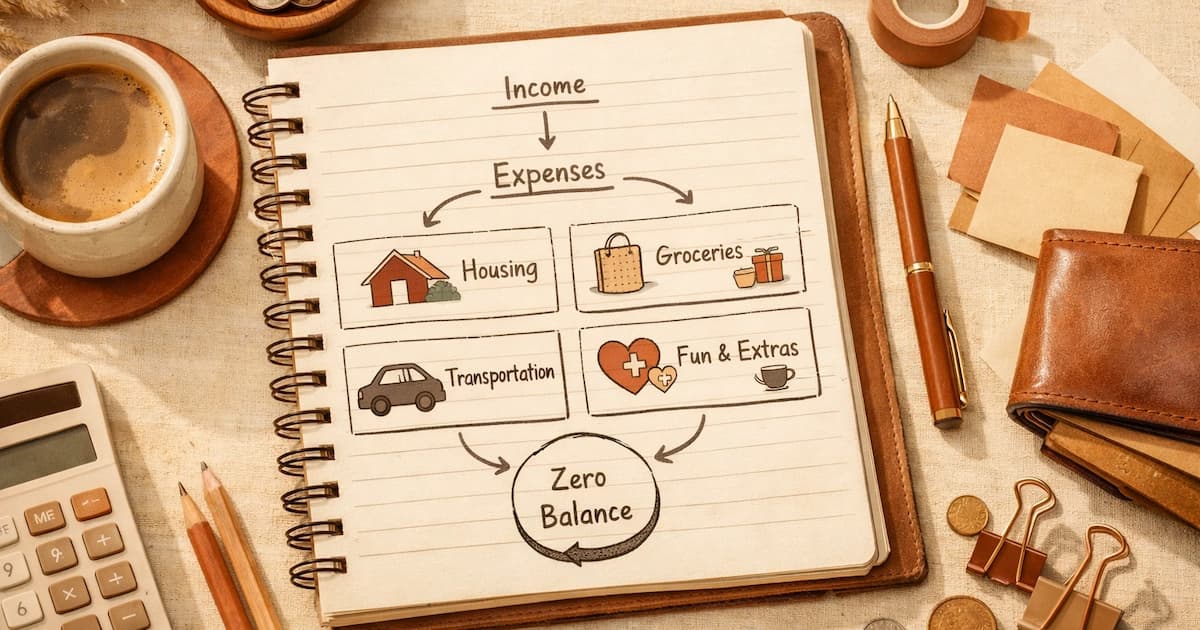 A notebook page illustrating zero-based budgeting allocations for a sample household