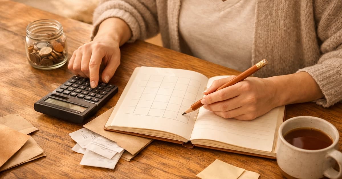 A person reviewing their budget with a calculator and notebook