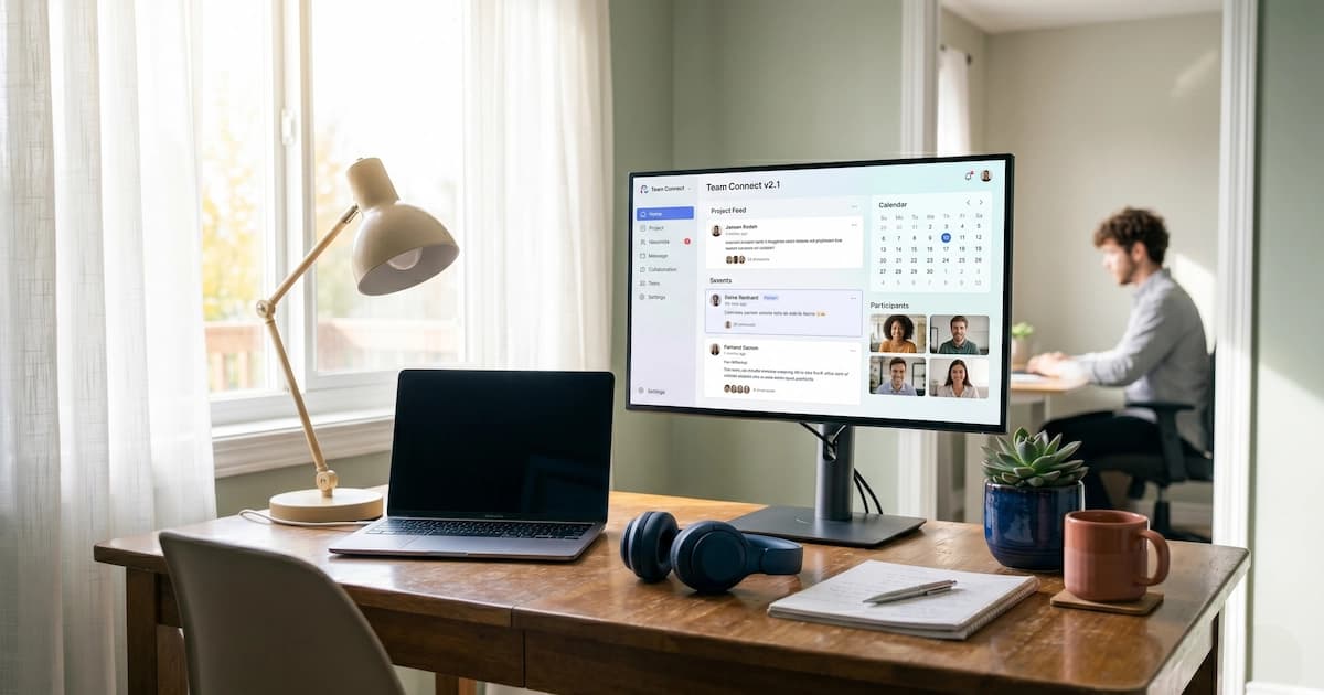 Home office setup with laptop and headset, illustrating a beginner working remotely from home