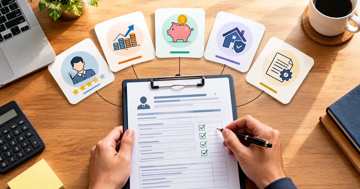 A loan application being assessed against five criteria: character, capacity, capital, collateral and conditions