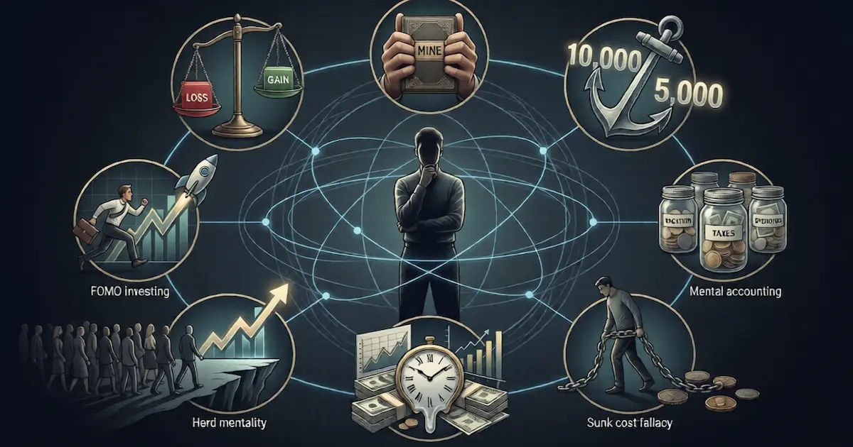 A diagram of eight interconnected cognitive biases surrounding a central decision-maker, illustrating how behavioural finance documents the systematic deviations from rational economic decision-making