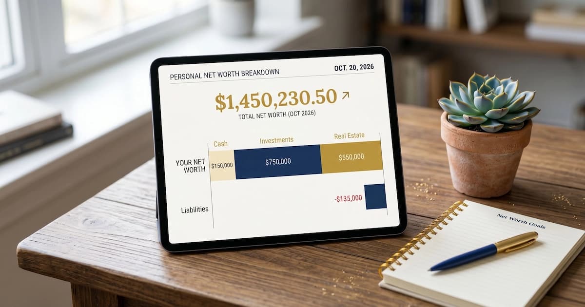 Dashboard showing total net worth with breakdown across cash, investments, real estate and liabilities