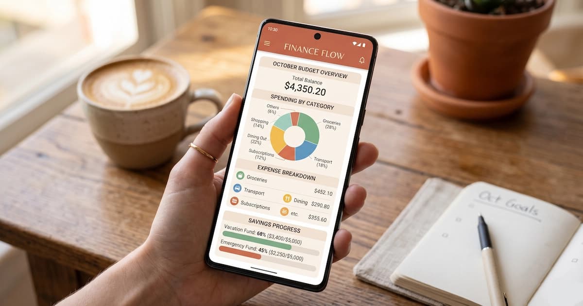 Smartphone screen showing budgeting app dashboard with categorized expenses and savings goals