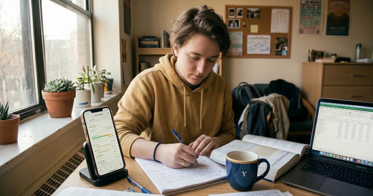 College student using a budgeting app on smartphone with textbooks and laptop on desk