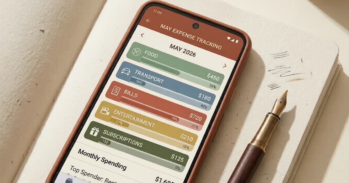 Smartphone displaying expense tracking app dashboard with monthly spending breakdown by category