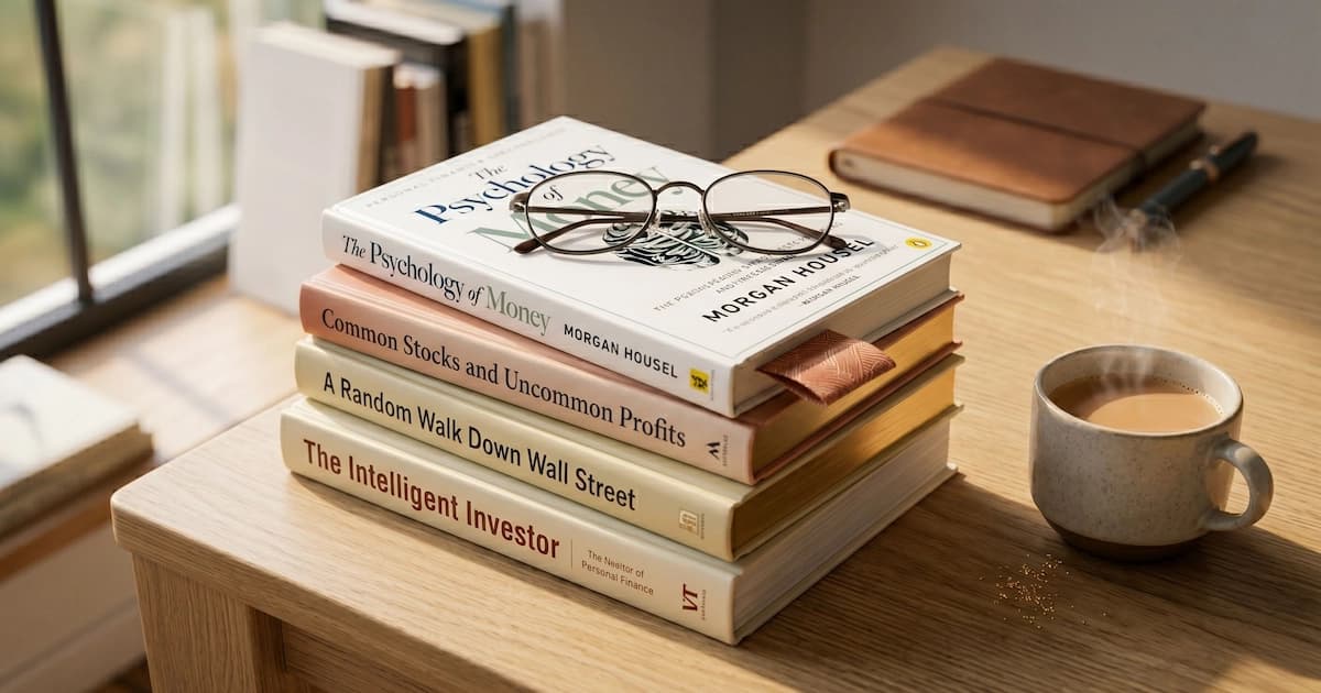 Stack of personal finance books with bookmark and reading glasses on wooden table