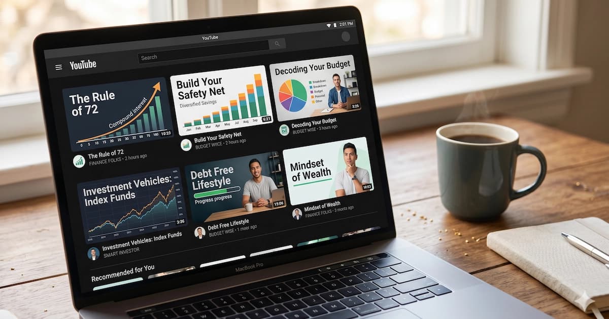 YouTube interface displaying personal finance video thumbnails and educational content