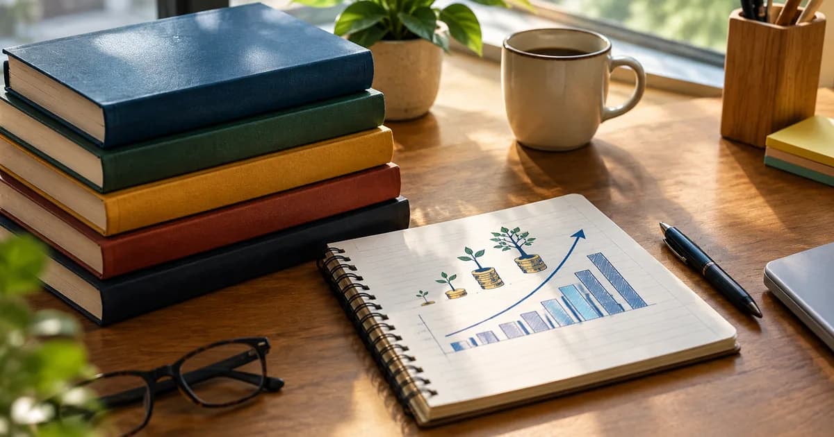 Stack of investing books beside a notebook showing a compounding chart on a desk