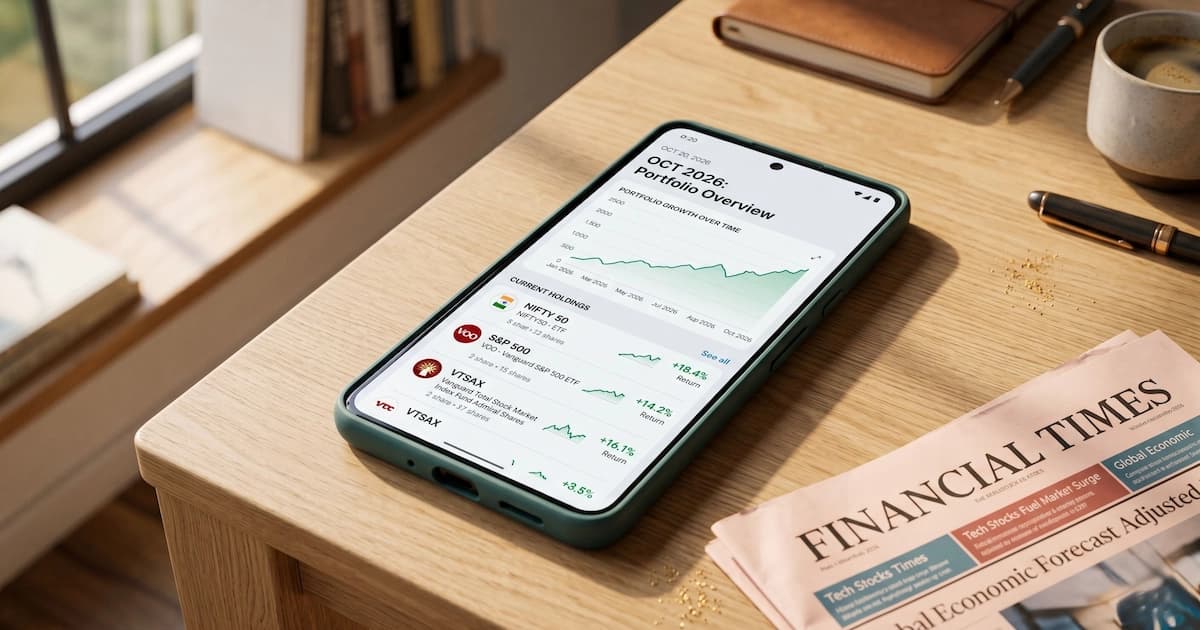 Investment tracking app showing portfolio performance chart with stock holdings and returns