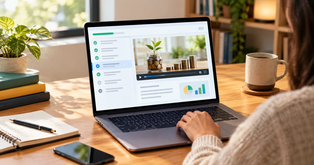 Laptop showing an online personal finance course module with lesson list and progress bar