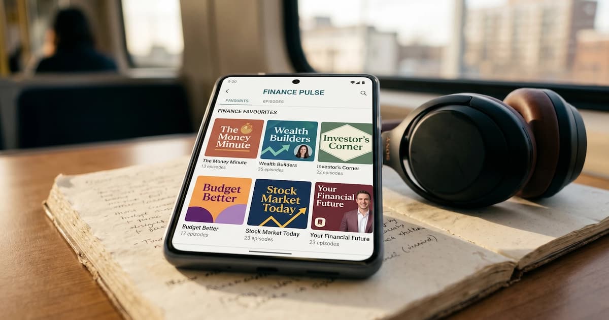 Smartphone showing podcast app playlist with personal finance podcast episodes and headphones