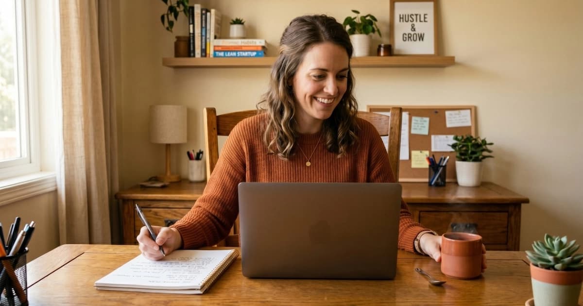 Person working on laptop with notebook and coffee, planning side hustle income alongside primary job